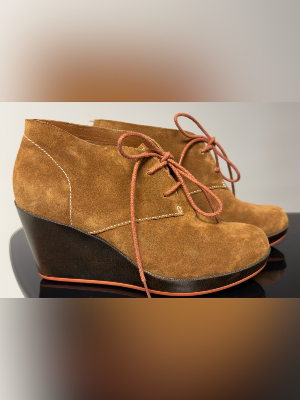 Cole Haan Cognac Brown Suede Lace Up Wedge Ankle Booties Comfort 8.5 B
